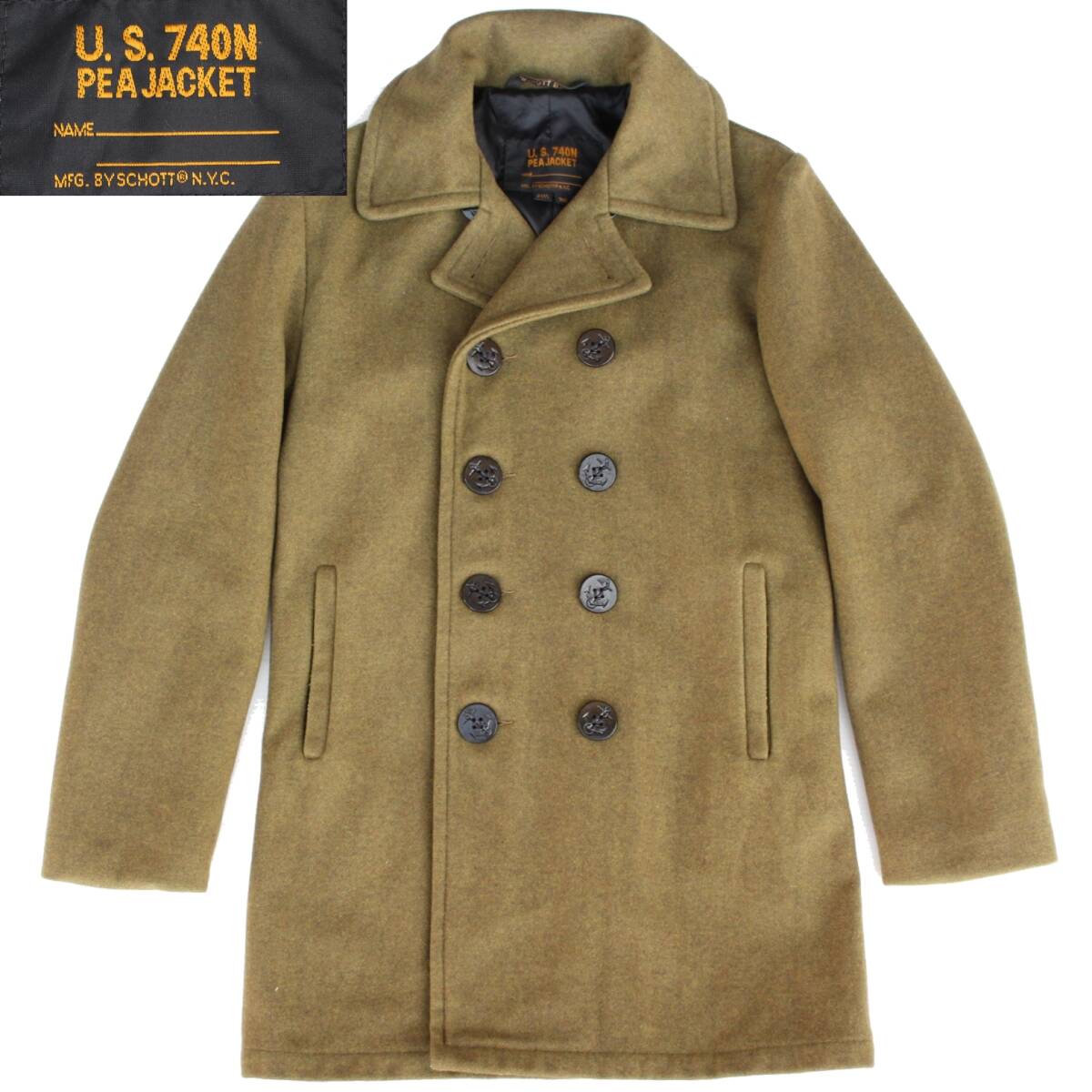 (43604)美品Schottショット753UST(7500)MADE IN USAウール ピーコート36 (アメリカ製Pコート日本別注スリムフィット オリーブ グリーン系)拍卖