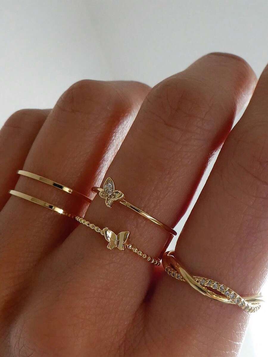 リング レディース セット 5 ピース/セット ラインストーン バタフライ デコレーション リング拍卖