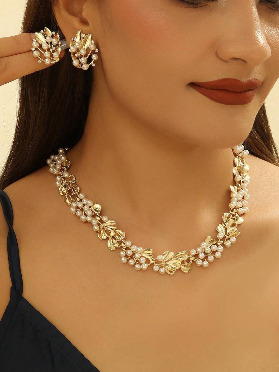 ジュエリー レディース セット ヴィンテージ フェイクパール ドローベンチ イチョウの葉デザイン レディース ピアスとネックレスセ拍卖