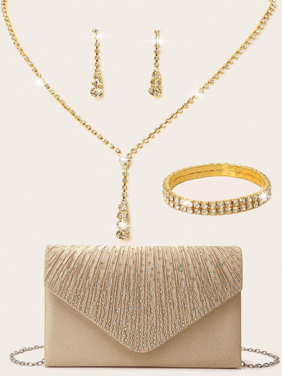 ジュエリー レディース セット 4点セット ウィメンズ ラインストーン イブニングクラッチバッグ、ラインストーン イヤリップ、ブラ拍卖