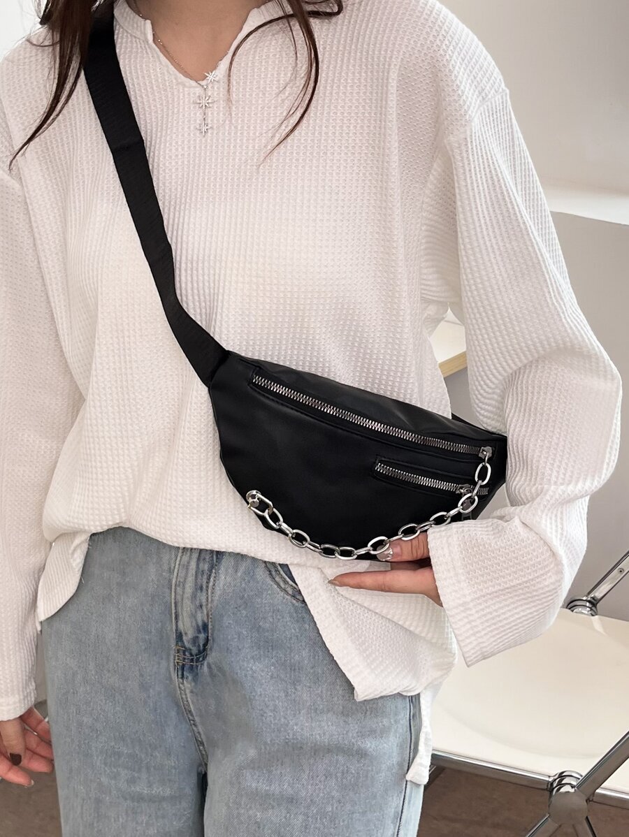 バッグ レディース ウエストバッグ チェーンデコレーション 無地柄 ブラック ウェストポーチ拍卖