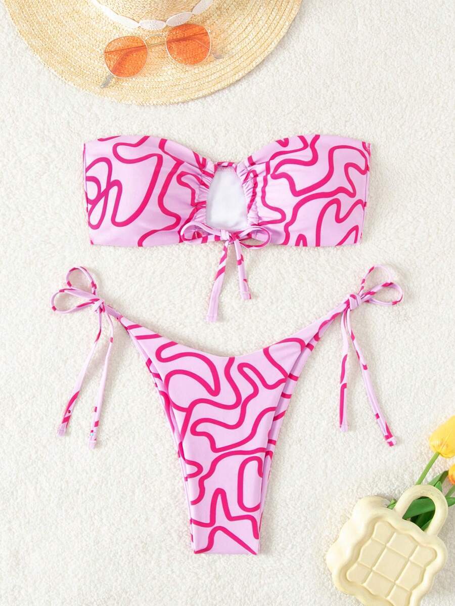 レディース 水着 ビキニセット レディース ビーチウェア 非対称ストライプ柄 ホールアウト バンドゥービキニセット ランダムプリン拍卖