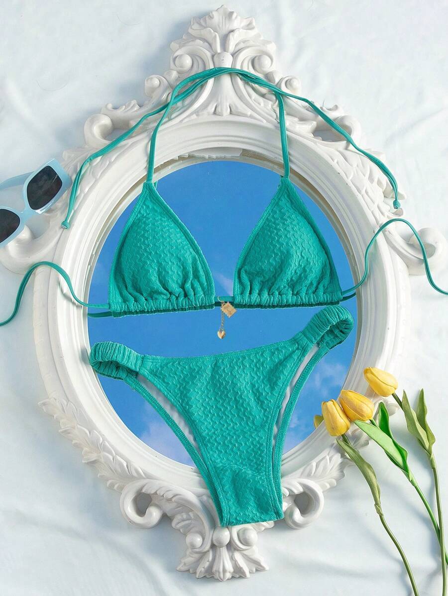 レディース 水着 ビキニセット 夏のビーチテキスチャー三角カップビキニセット拍卖