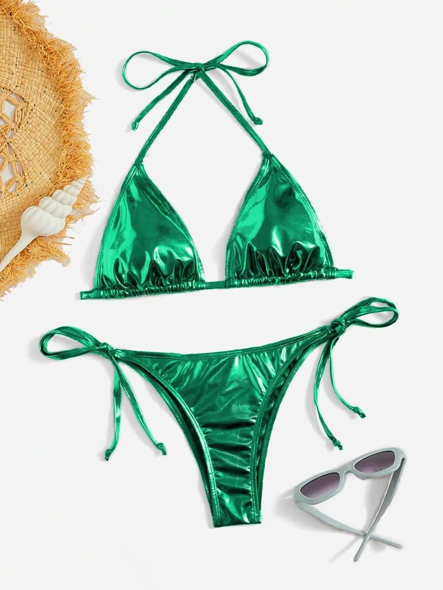 レディース 水着 ビキニセット 夏のビーチ用 ソリッドカラー 三角ビキニセット タイサイド拍卖