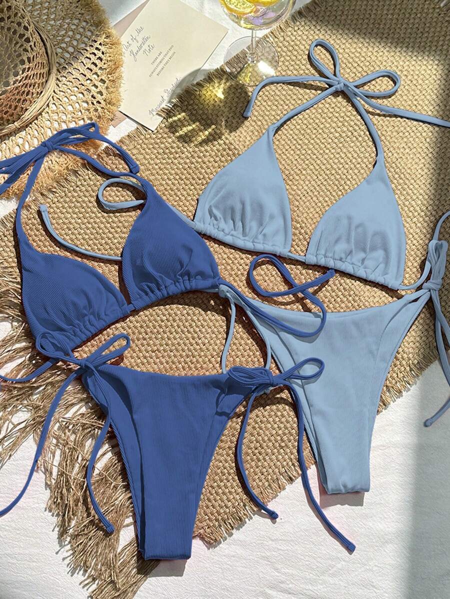 レディース 水着 ビキニセット レディース ビーチウェア ビキニ2パック、単色柄、ネックホルターストラップ、2ピーススイムウェア拍卖