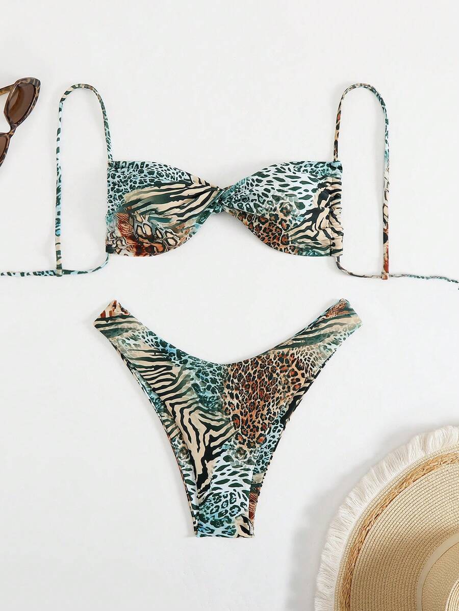 レディース 水着 ビキニセット 1セット レディース 動物柄パッチワークバンドゥービキニ、夏のビーチ用拍卖