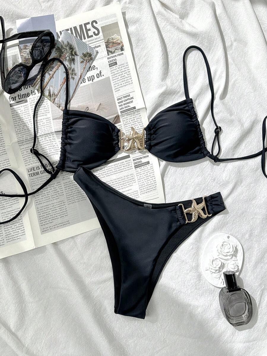 レディース 水着 ビキニセット セクシー リゾート ストラップデコ ビキニ セット レギュラートライアングル ボトム、女性用夏拍卖