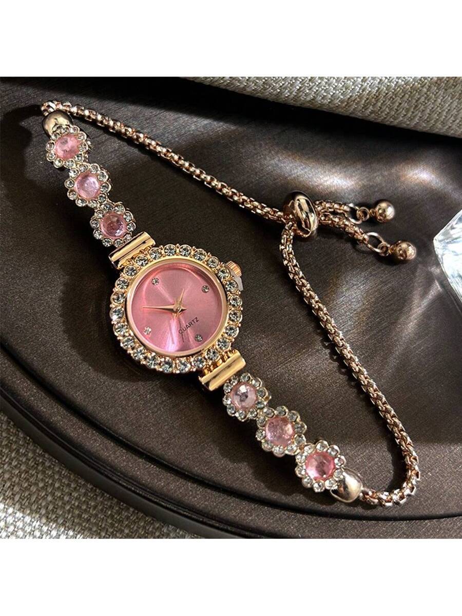 腕時計 レディース クォーツ 女性用 ピンク クリスタルビーズ付き 巾着ブレスレット、クリスタル装飾合金ウォッチケース、シンプルな拍卖