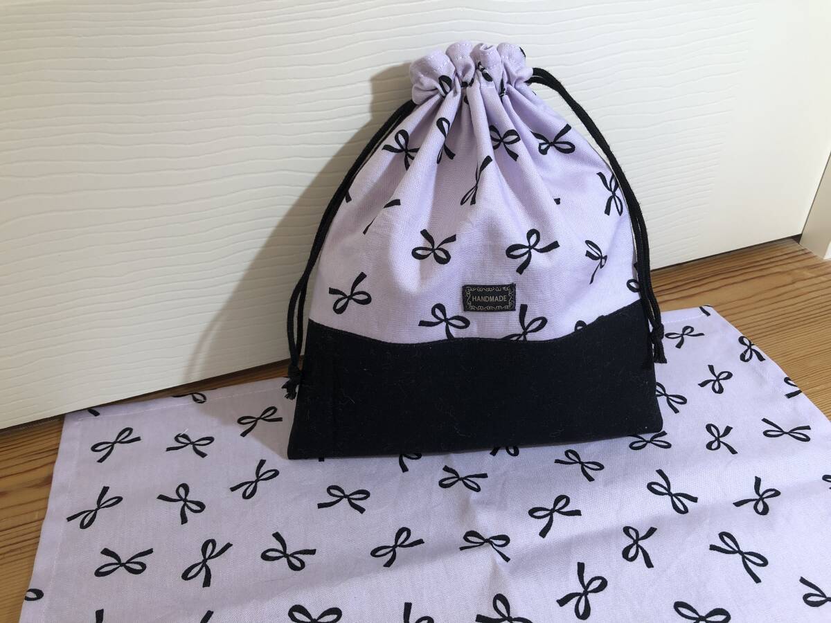 リボン柄 パープル① 給食袋&ランチョンマット ハンドメイド拍卖