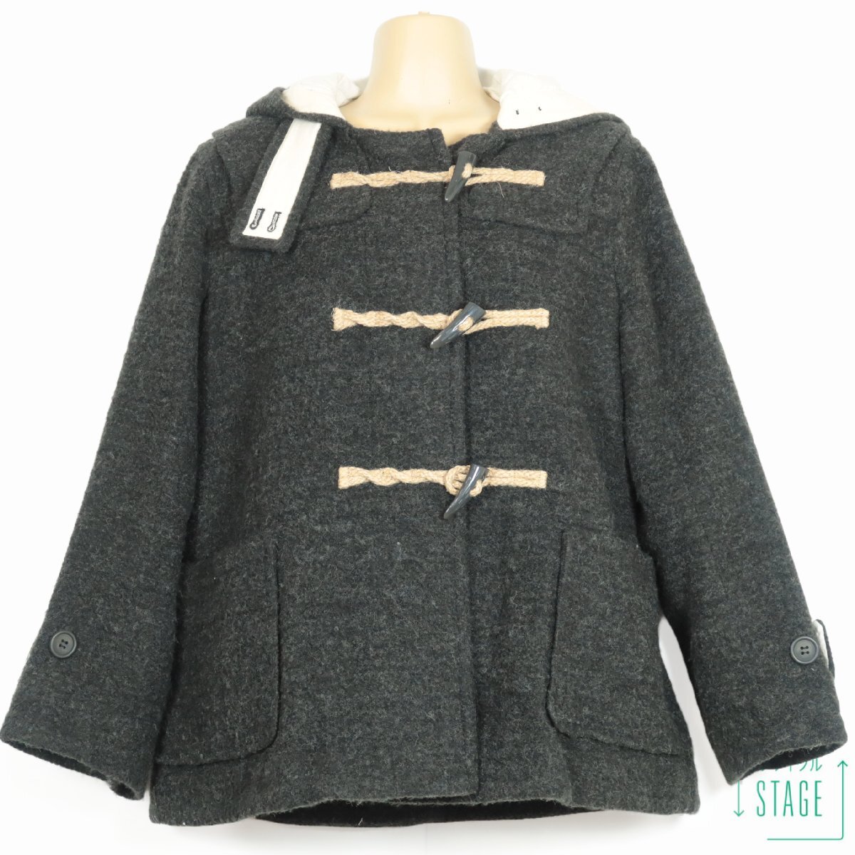 【美品】アズノゥアズオオラカ★ダッフルコート 麻ひもトグル♪フード付き 大きいサイズ13 あったかウール混♪チャコールグレー系 z10407拍卖