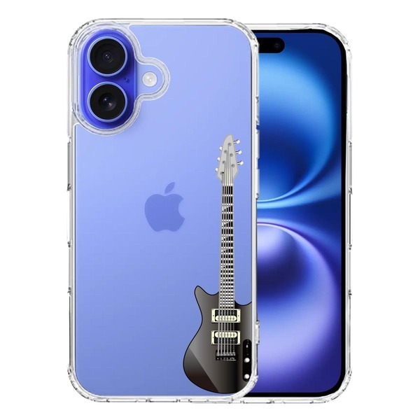 iPhone16 ケース クリア エレキギター 黒 スマホケース 側面ソフト 背面ハード ハイブリッド拍卖