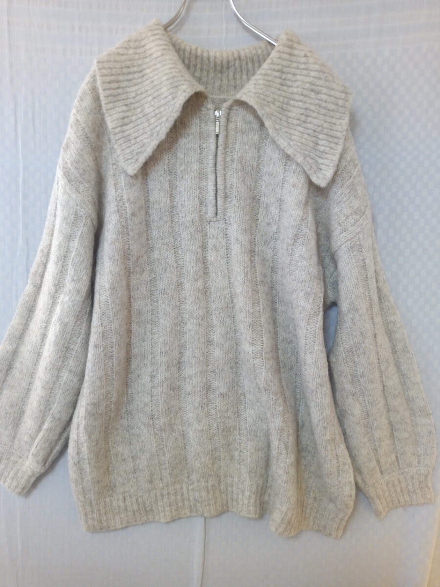 9880 ★★ Ambre Neige ビッグ衿ハーフジッパーウール混セーター チュニック サイズF拍卖