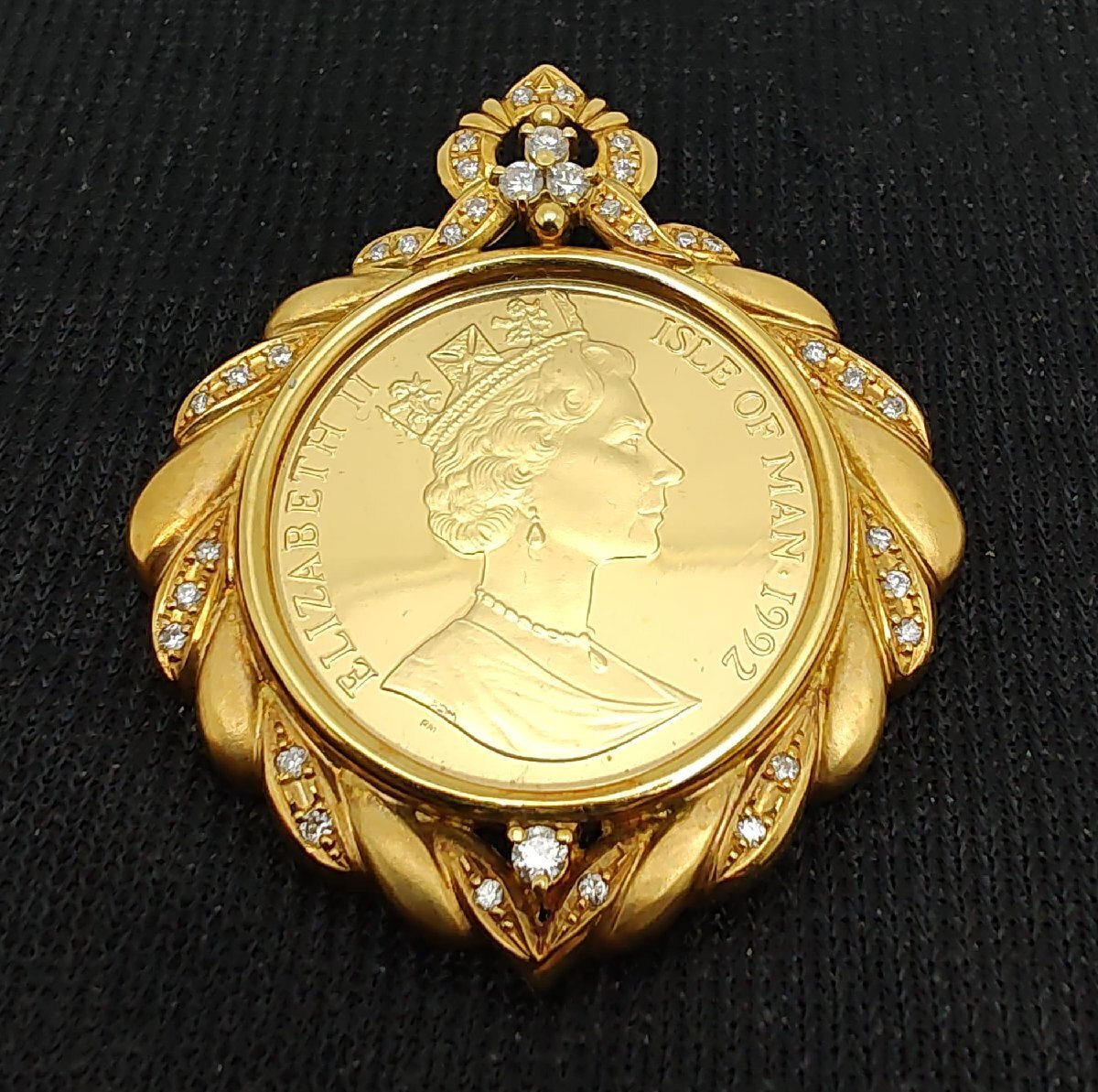 中古品 ペンダントヘッド マン島キャット金貨 エリザベス2世 1/2オンス 純金 K24 インゴット 999.9 K18枠 ダイヤモンド 31.1g拍卖