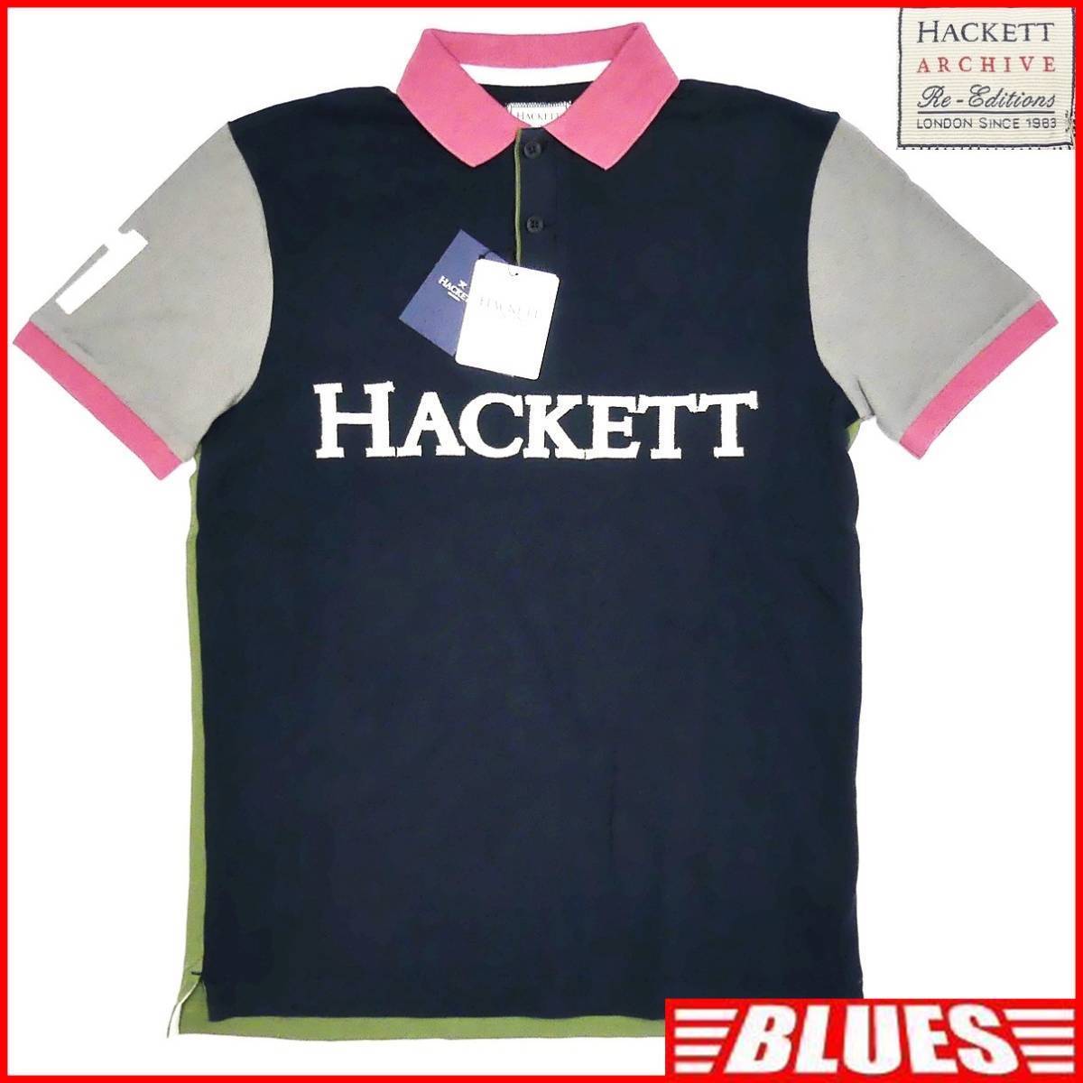 即決★HACKETT LONDON★新品 メンズS ポロシャツ ハケットロンドン 黒 マルチカラー 緑 半袖 ワンポイントロゴ タグ付き拍卖