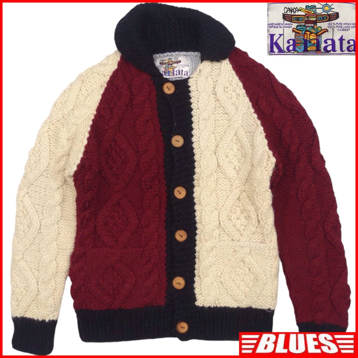 即決★カナダ製 KANATA★メンズ M位 カウチンセーター カナタ ケーブル編み クレイジーパターン ウール ニット セーター メープルボタン拍卖