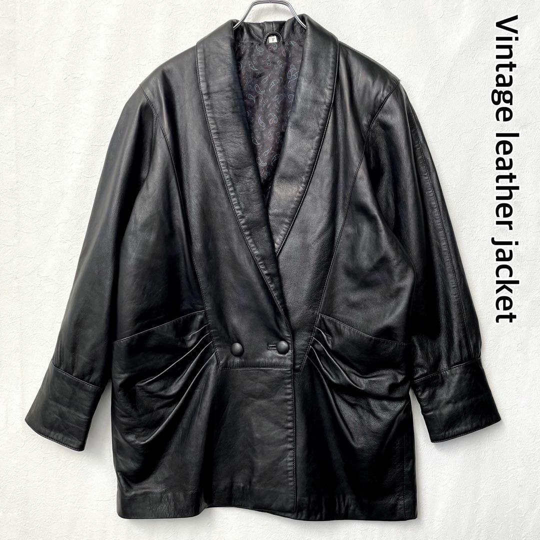 90s ヴィンテージ レザージャケット ダブル 本革 裏地 ペイズリー柄 フリーサイズ ブラック拍卖