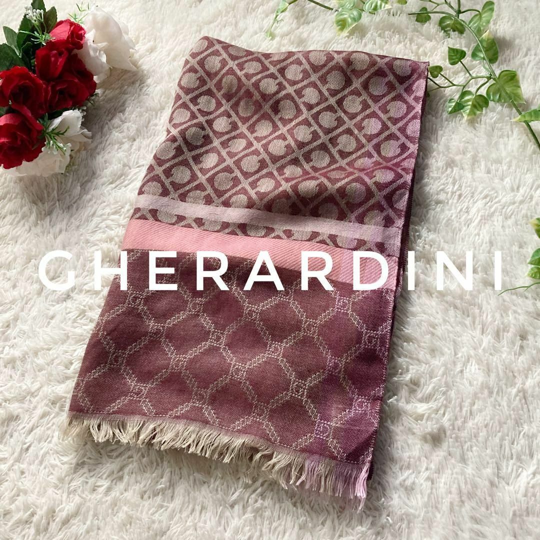 ゲラルディーニ ウール混 大判ストール ショール 総柄 モノグラム ワインレッド GHERARDINI拍卖
