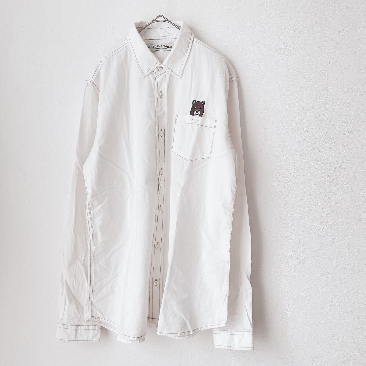 可愛いpower to the animal パワートゥーザアニマル熊クマMサイズ刺繍くま長袖シャツ白ホワイト無地ブラウン茶色トップスMENSメンズ拍卖