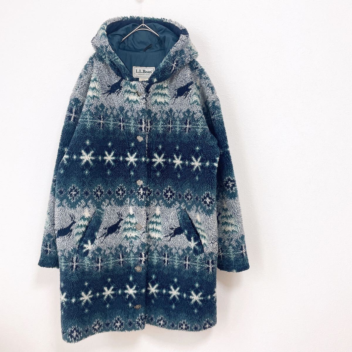 古着おしゃれL.L.Beanエルエルビーン雪ノルディック柄トナカイ結晶ボアジャケットMサイズ ビッグサイズ70s〜80sボアコートUSA製アウター拍卖