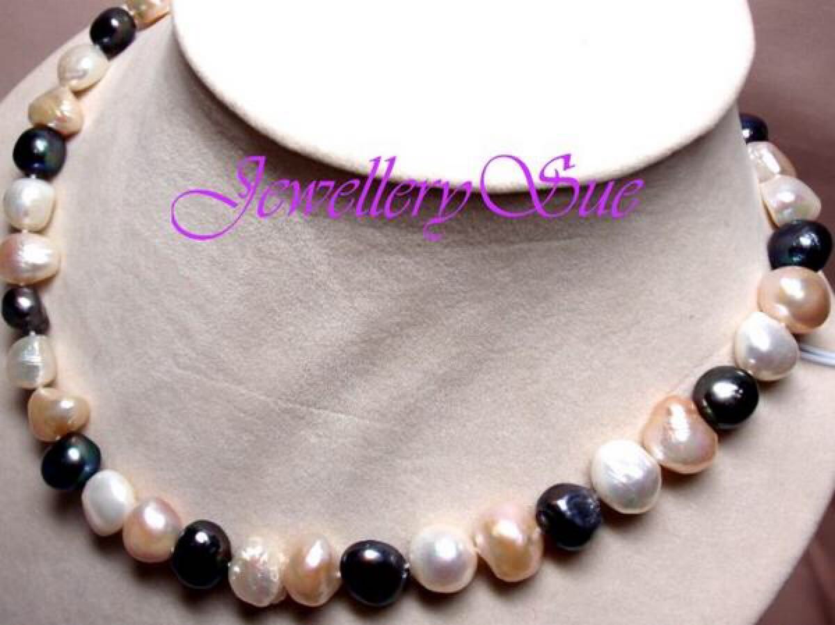 818wb大粒♪珍しい天然淡水真珠/ホワイト&ブラックバロックパールネックレス拍卖
