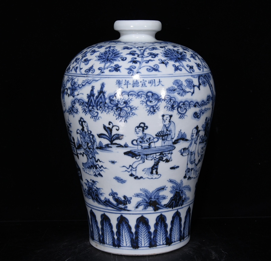 ◆旧家蔵出◆古美術 中国古玩 大明宣徳年製款 青花 纏枝蓮花人物故事図梅瓶 古賞物 骨董 時代物 AT08拍卖