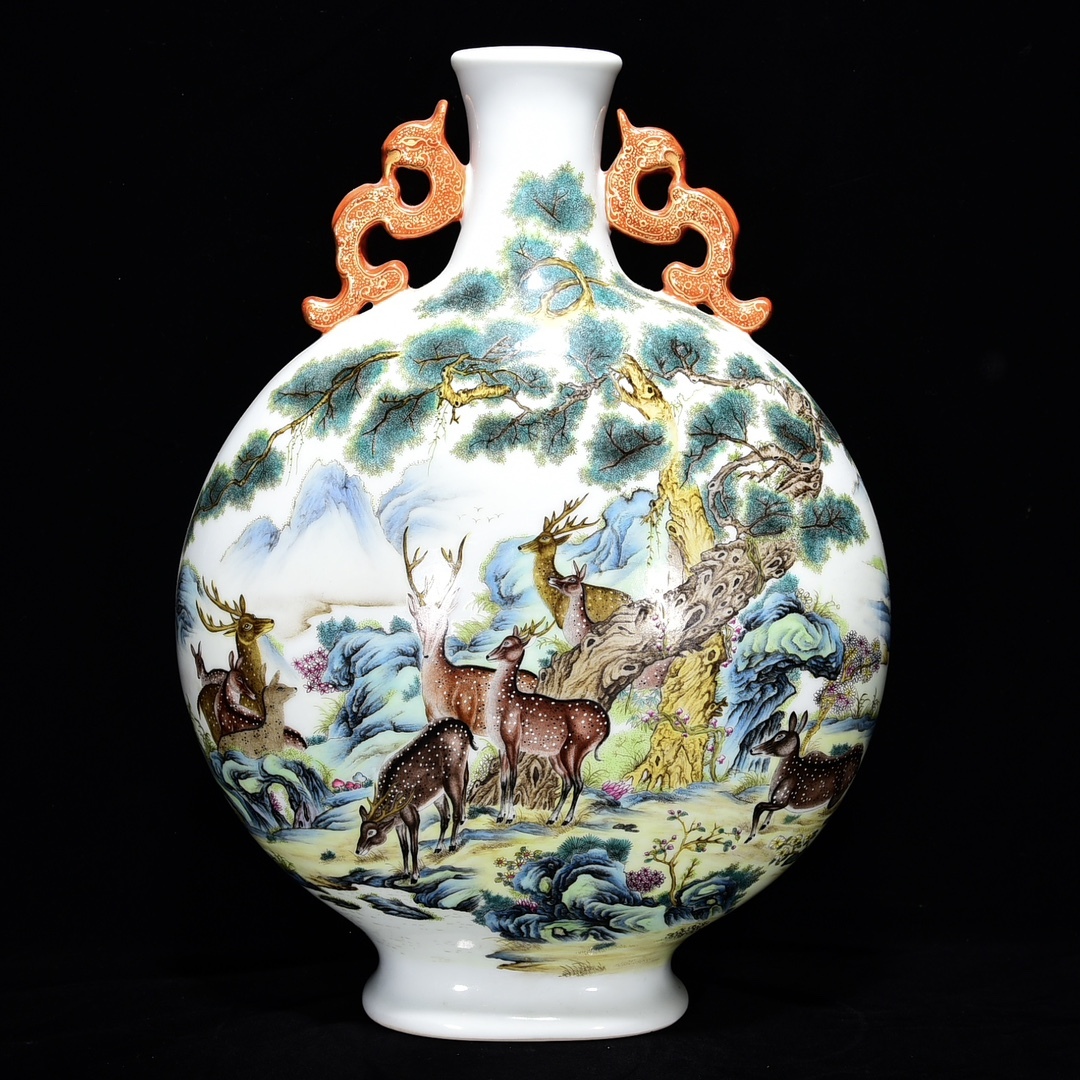 ◆蔵出◆古美術 中国古玩 大清乾隆年製款 粉彩 描金 松鹿紋扁瓶 時代物 A06拍卖