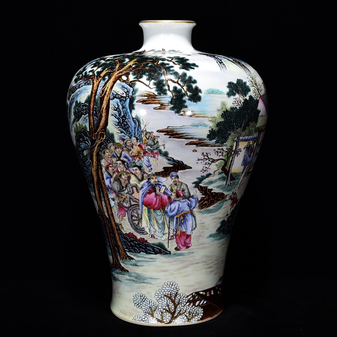 ◆旧家蔵出◆古美術 中国古玩 大清雍正年製款 粉彩 描金 松下人物故事図梅瓶 賞物 骨董 時代物 A06拍卖