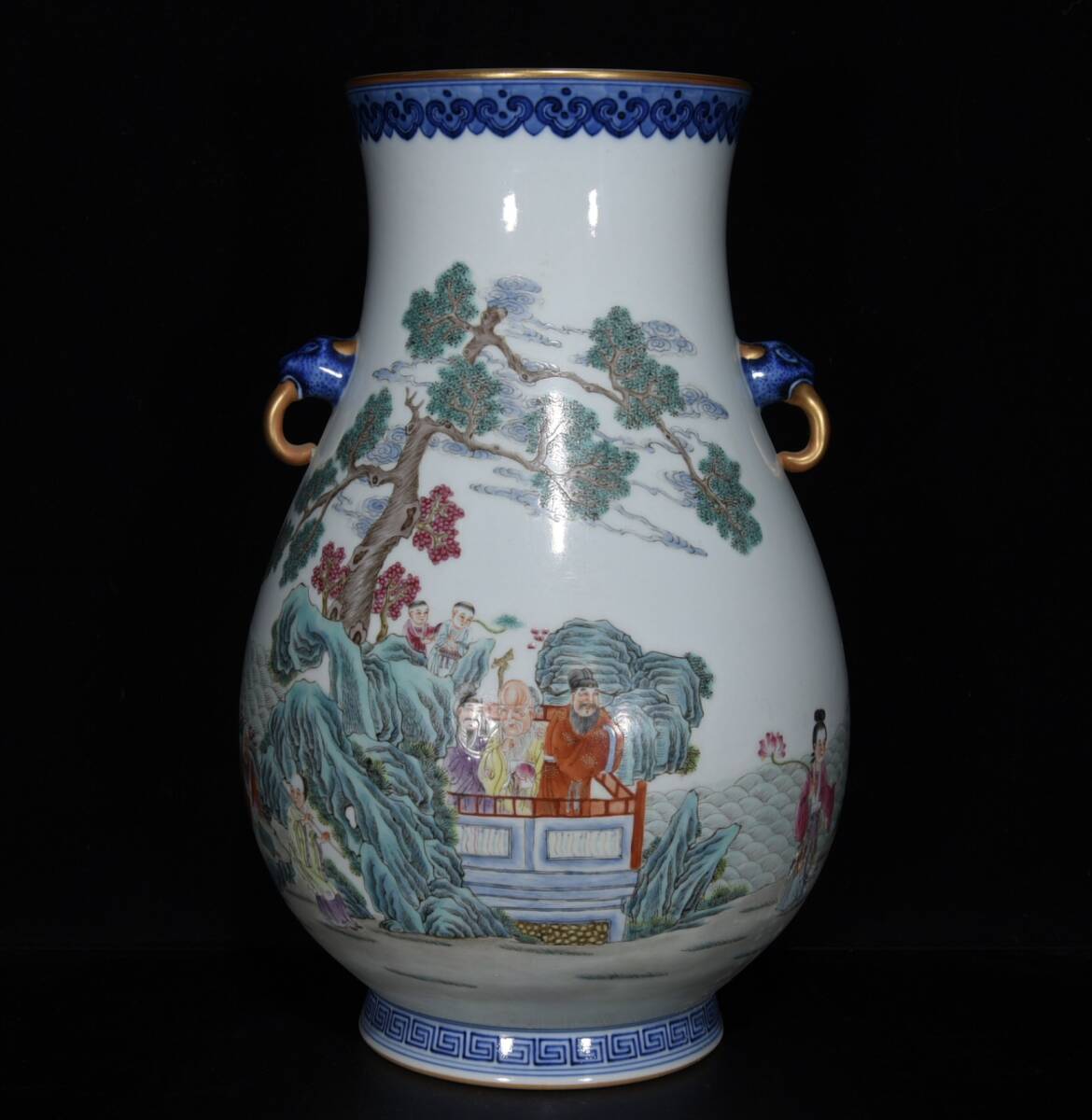 ◆蔵出◆古美術 中国古玩 大清乾隆年製款 粉彩 描金 群仙祝壽双耳瓶 古賞物 時代物 A06拍卖