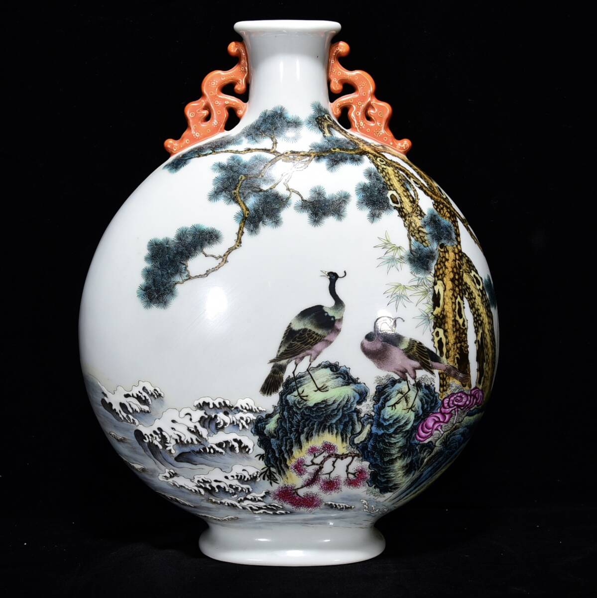 ◆蔵出◆古美術 中国古玩 清時代 乾隆年製款 粉彩 松鶴紋双耳扁瓶 時代物 A06拍卖