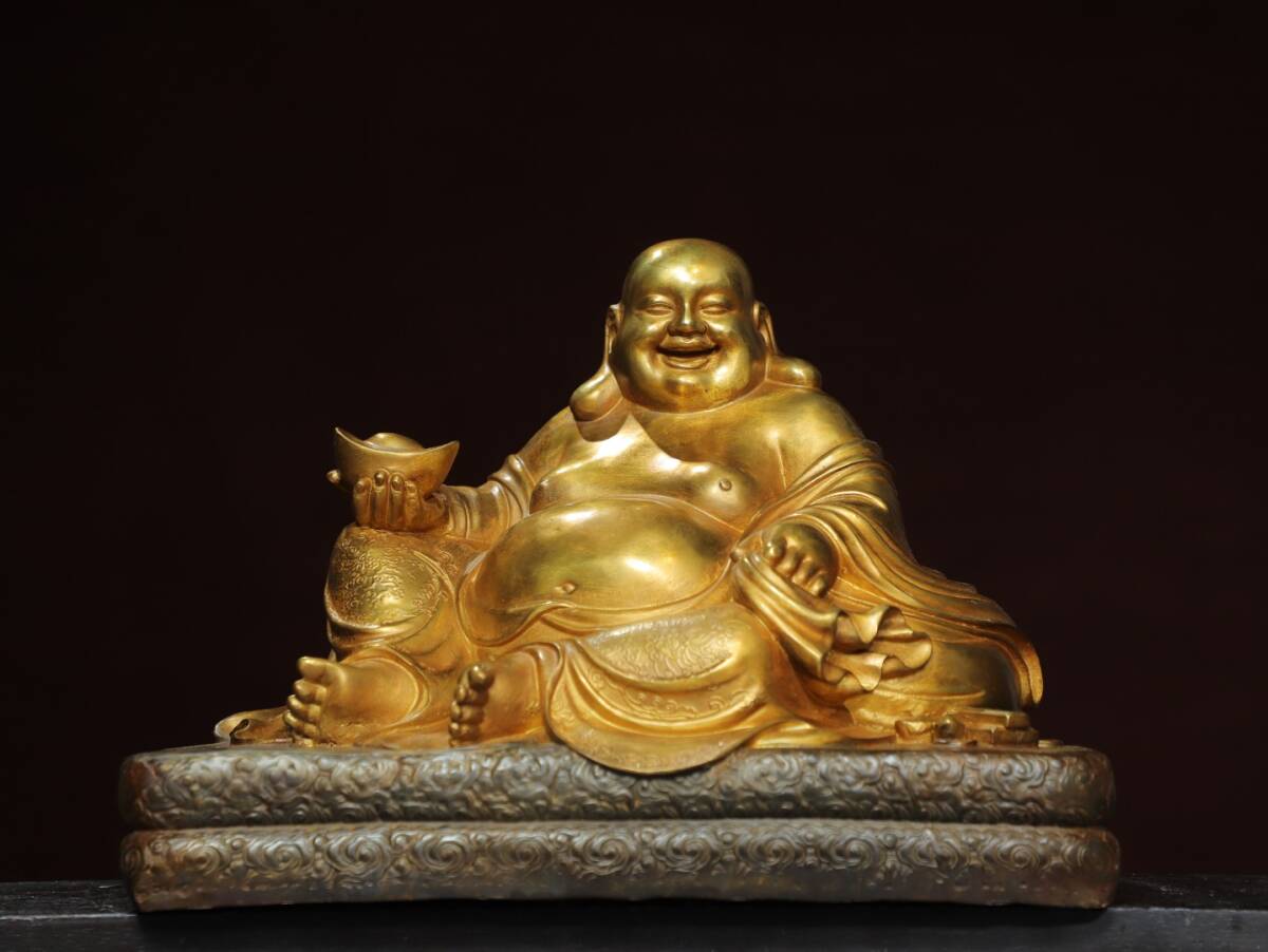 ◆旧家蔵出◆古美術 中国古玩 明時代 古銅製 塗金 大肚弥勒仏 仏造像 細密細工造 置物 擺件 古賞物 骨董 時代物 A19拍卖