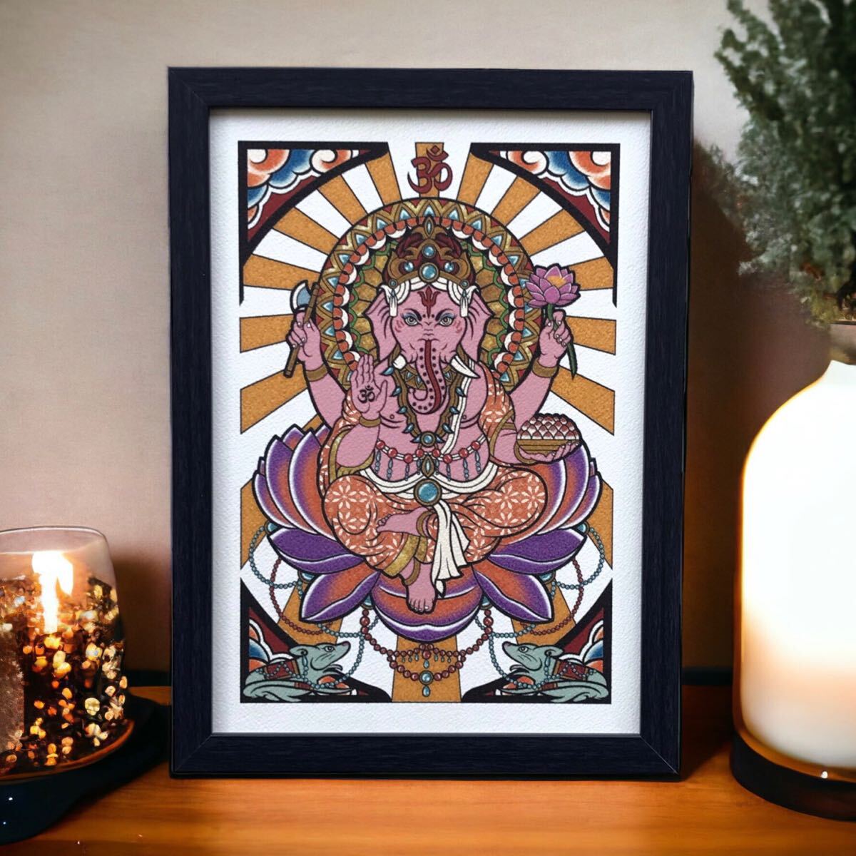 財運アップ 運気上昇 開運 尾九 オリジナル イラスト 象面 ガネーシャ A4サイズ 黒色 フレーム付き 壁掛け インテリア拍卖