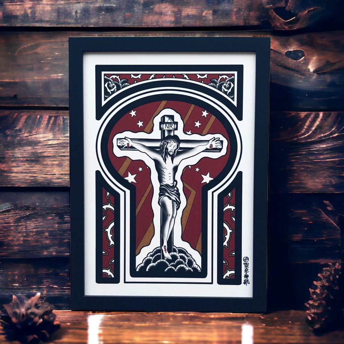タトゥー アート キリスト オールドスクール 尾九 オリジナル イラスト tattoo art A4サイズ フレーム付き 拍卖
