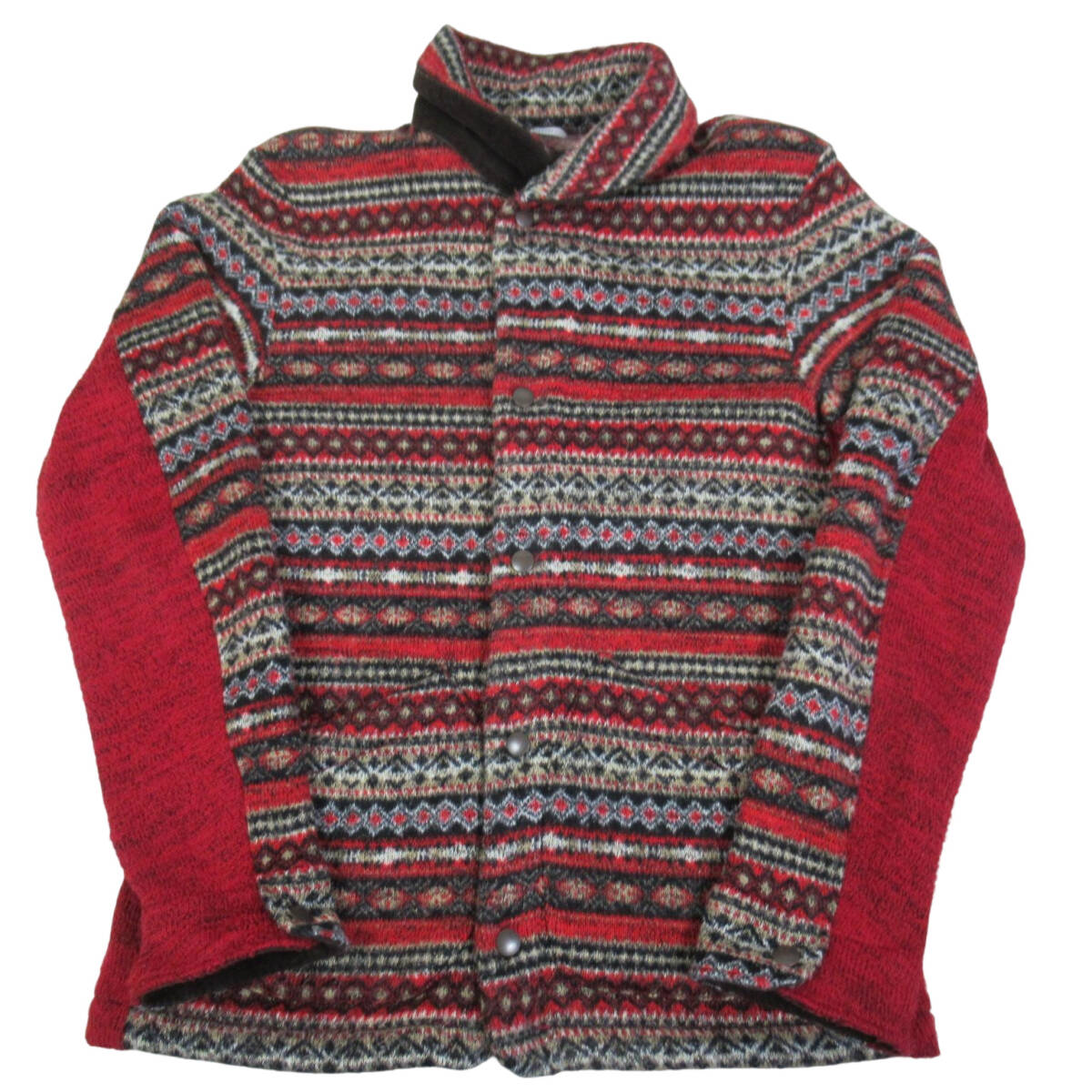 タケオキクチ TAKEO KIKUCHI 3 メンズM-L ショールカラー ニットジャケット ポリエステル100 赤×黒など フェアアイル 総柄 スナップボタン拍卖