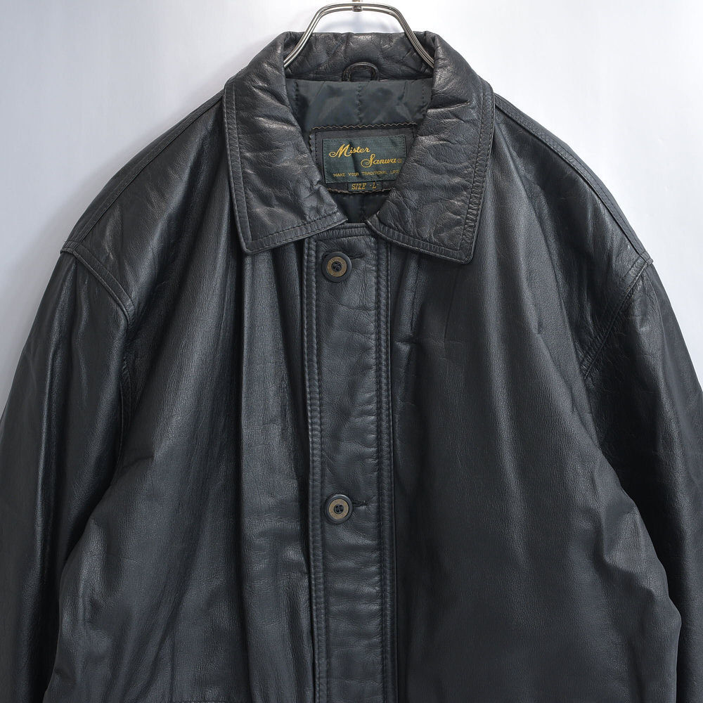 90s~ Mister Sanwa ブラックレザー ハーフコート 本革 革ジャン 裏地付き 中綿入り ヴィンテージ アウター ジャ拍卖