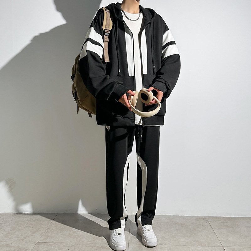 大人気秋新品 セットアップ メンズ 長袖 上下 大きいサイズ パーカー 上下セット フード付き ジップアップ黒2XLサイズ選択可拍卖