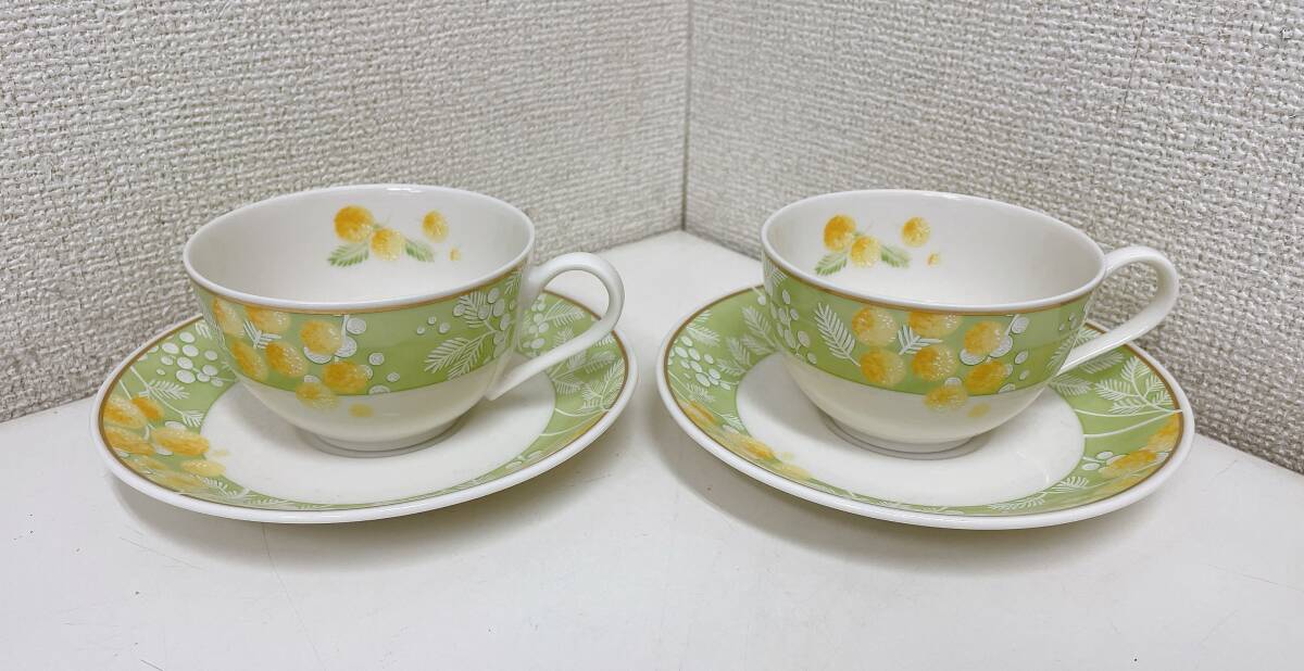 【HANAE MORI ハナエモリ カップ&ソーサー2客】ティーカップ/花柄 黄緑色/A611-149拍卖