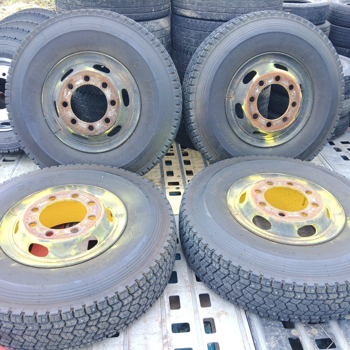 4本価格★上パT9665■11.00R20 14PR DUNLOP SP090 ホイールセット 7.50 165-12TC 8穴 スパイクタイヤ★条件付送料無料★高床 TB 大型 冬拍卖