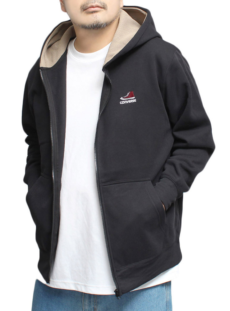 【新品】 3L ブラック コンバース CONVERSE パーカー メンズ 大きいサイズ ロゴ 刺繍 プリント 裏起毛 フード裏 ニット ジップアップ スウ拍卖