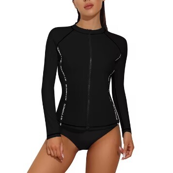 レディースラッシュガードトップロングスリーブフロントジッパースイミングシャツトップ 色:ブラック拍卖
