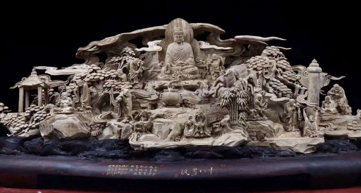 【天然沈香木彫】大きな仏像◆十八羅漢は釈迦を崇拝する◆ 幅は約: 118(cm)木の雕刻品 沈香 木彫り仏像 職人手作り美術品 jp1509拍卖