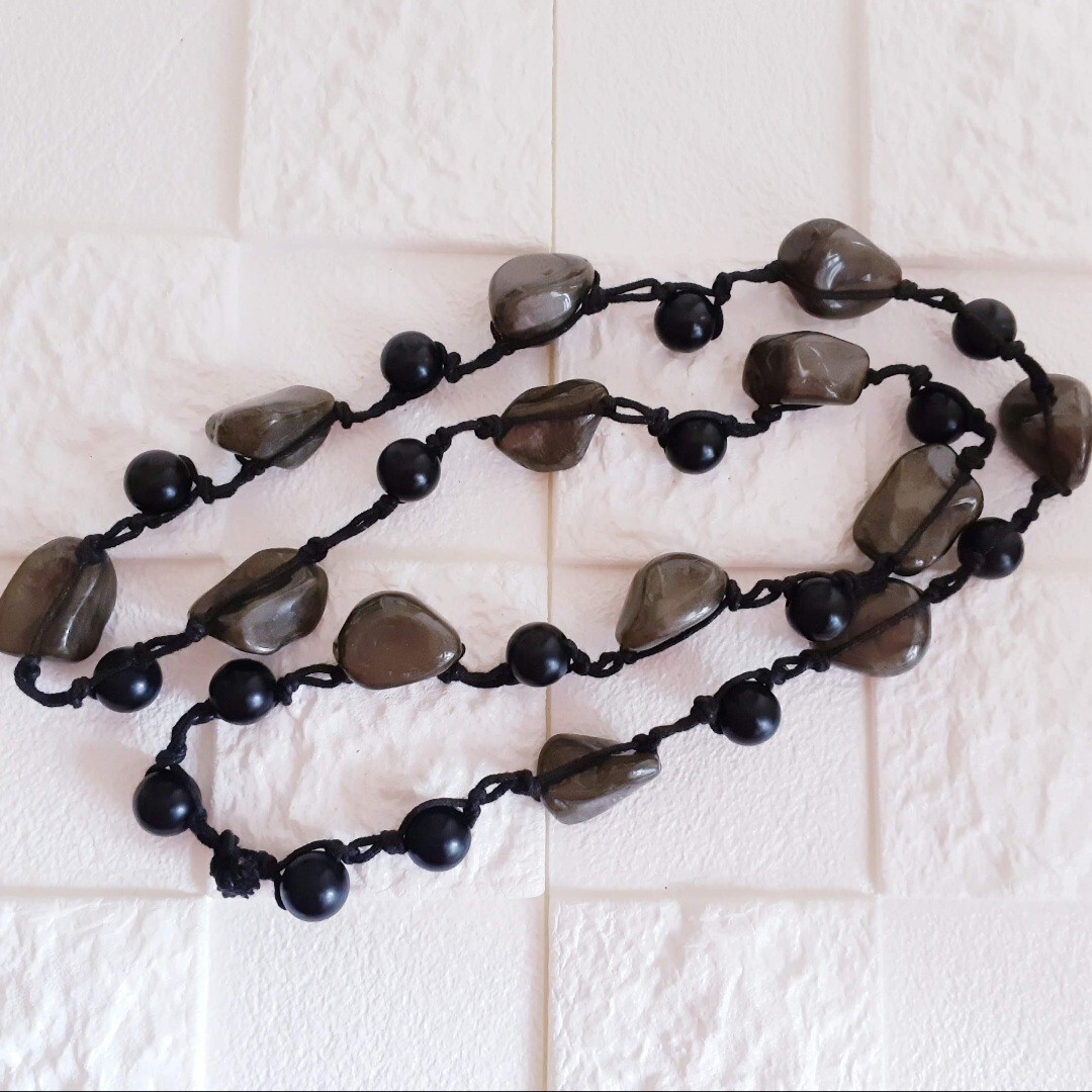 ◆美品◆グレー×ブラック◆ストーン風◆ロングネックレス◆ITALY◆拍卖
