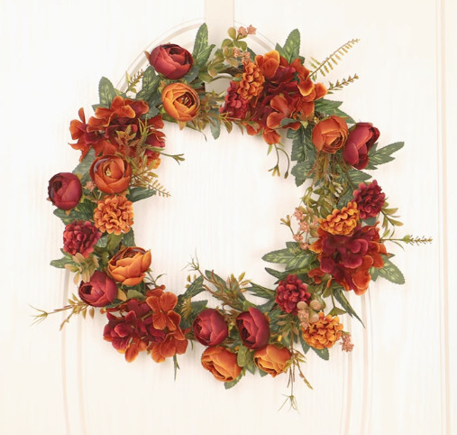 秋色リース★玄関リース★ツバキ蕾 アジサイ造花アレンジ★壁飾り★ガーデニング★オーナメント★クリスマスパーティー★直径約35cm花輪拍卖