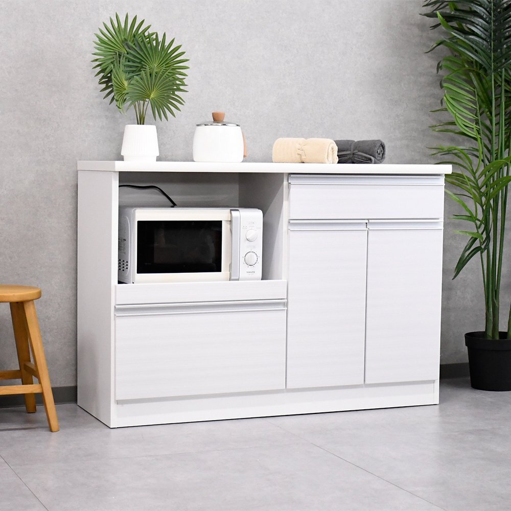 【限定送料無料】国産ホワイト120cm幅キッチンカウンター完成品 アウトレット家具 収納 レンジ台 【新品 未使用 展示品】KEN拍卖