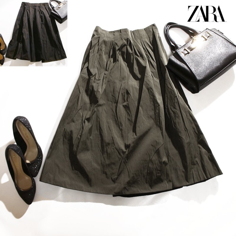 美品 ZARA BASIC ザラ ベーシック 通年 2way リバーシブル ふんわり ミモレ丈 ロング ミディ ギャザースカート 黒 カーキグリーン 緑 M拍卖