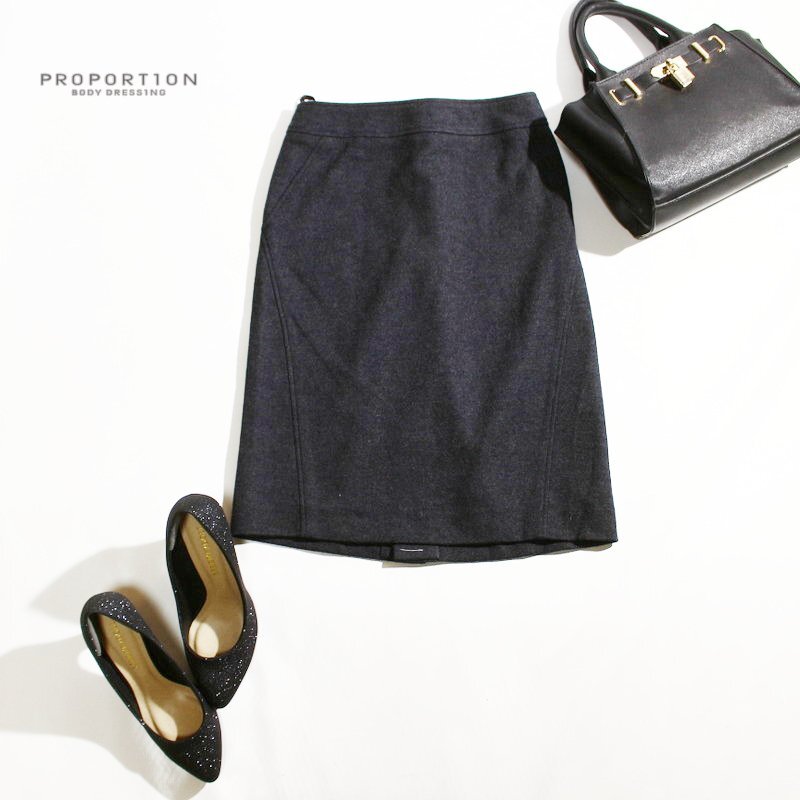 美品 プロポーションボディドレッシング 秋 冬 毛100% ストレッチ ウール タイトスカート 9号 3 チャコール グレー 通勤 オフィス 綺麗め拍卖