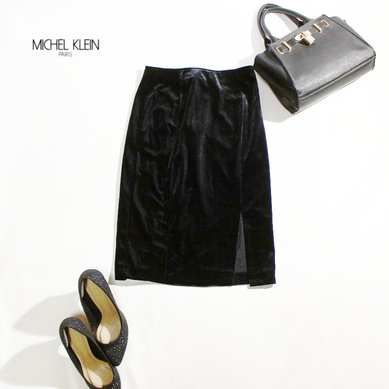 美品 ミッシェルクラン MK KLEIN イトキン(株) 艶 ストレッチ ベロア タイトスカート 9号 38 ブラック 黒 フォーマル 綺麗め ミセス拍卖