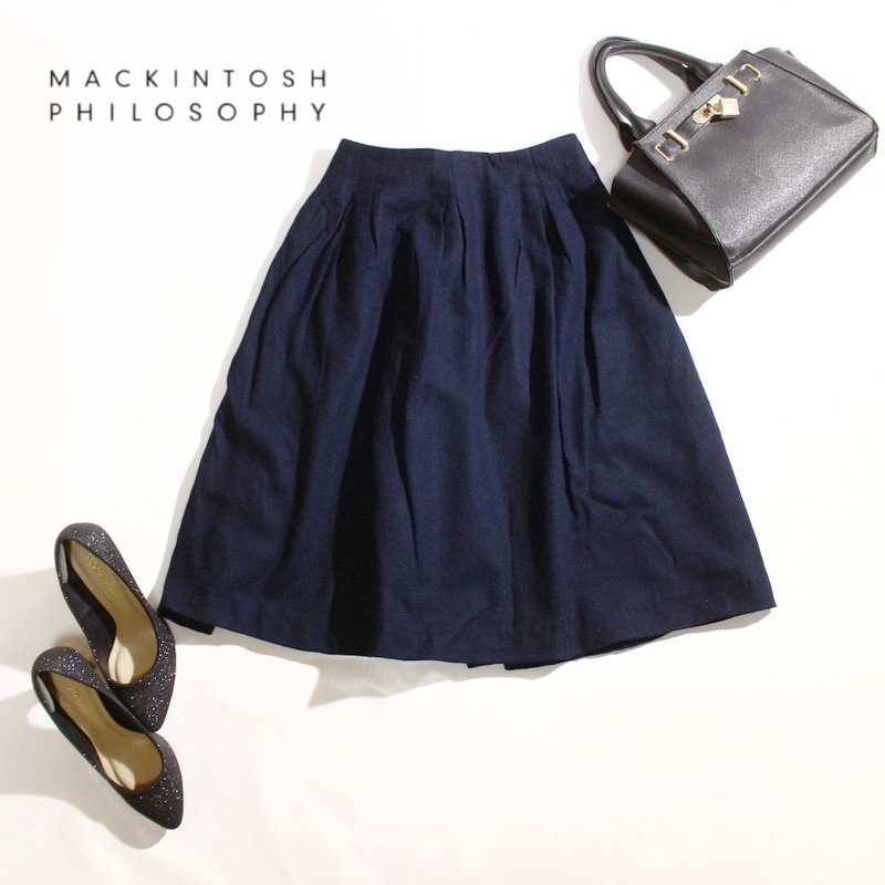 美品 マッキントッシュ フィロソフィー MACKINTOSH PHILOSOPHY 秋 冬 毛100% 膝下丈 ウール フレアスカート 7号 36 ネイビー 紺 通勤 仕事拍卖