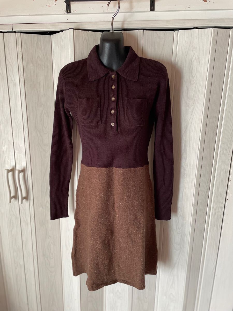 ◆イマージュ/ブラウン系2配色ニットワンピース/L◆拍卖