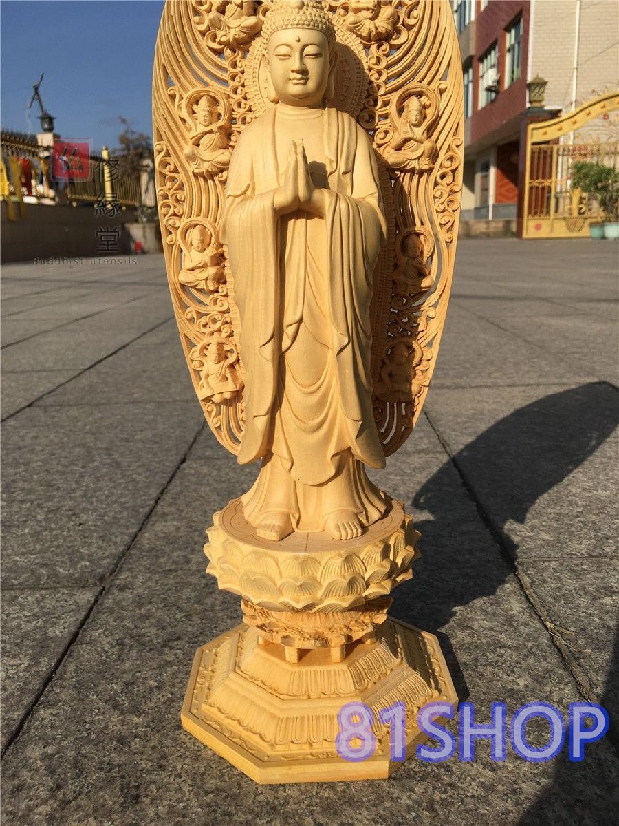 「81SHOP」大迫力 木彫仏像 阿弥陀如来立像 阿弥陀仏 彫刻 一刀彫 天然木檜材拍卖