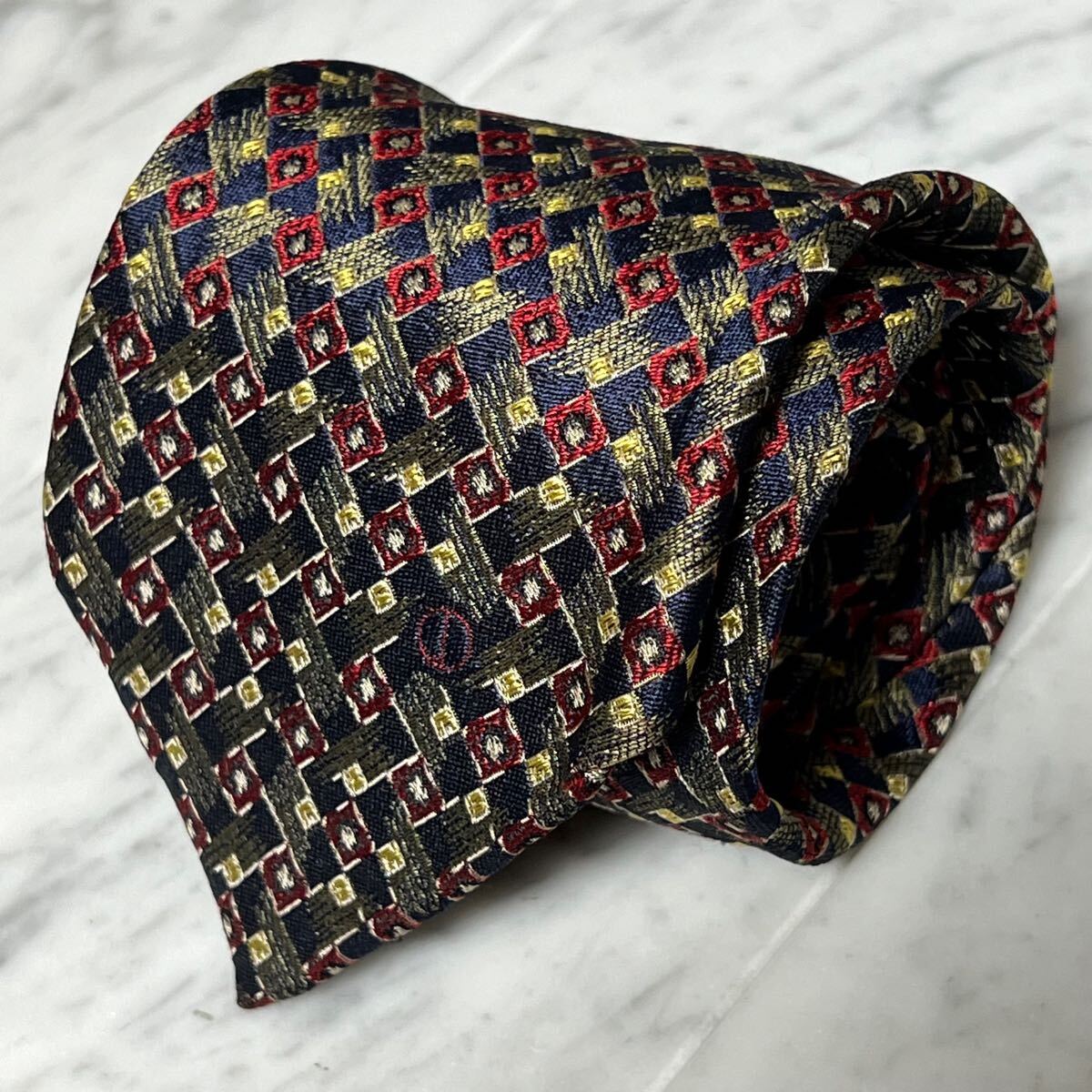 【美品】 999円~ dunhill ネクタイ ネイビー レッド 小紋 ワンポイントロゴ (B8)拍卖